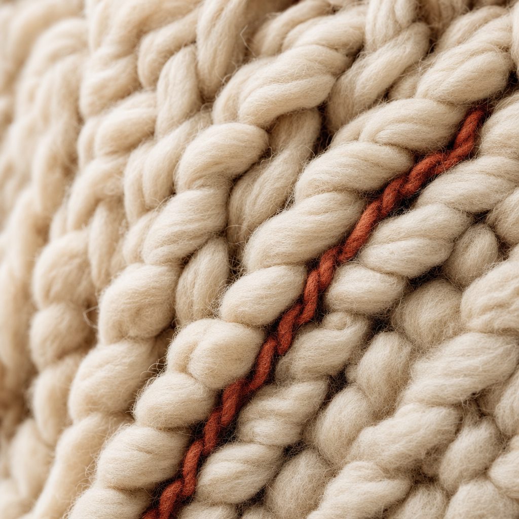Macro of cream knitted texture with one terracotta thread woven through
