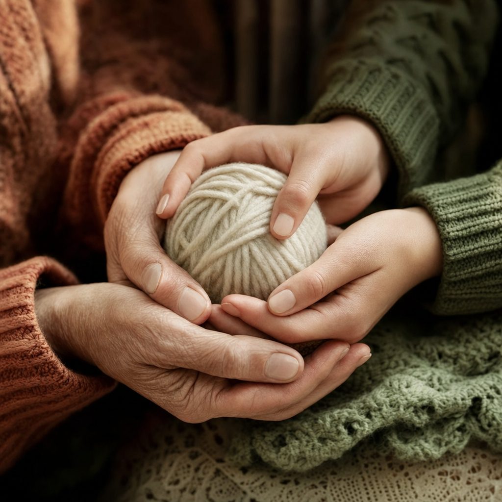 Older hands and younger hands holding a soft ball of yarn together, close up, warm light