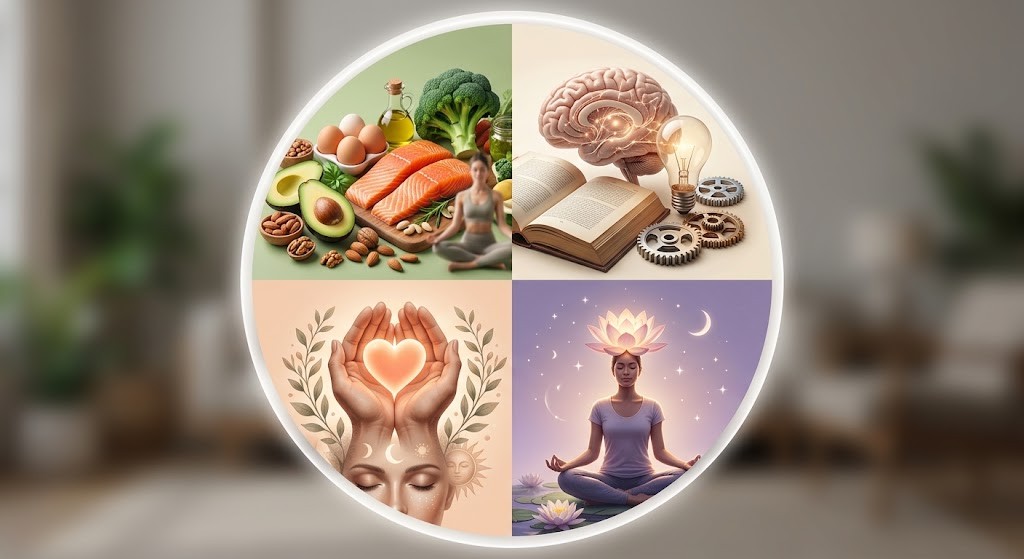 Collage de cuatro áreas del programa: nutrición consciente, mente, corazón y espíritu
